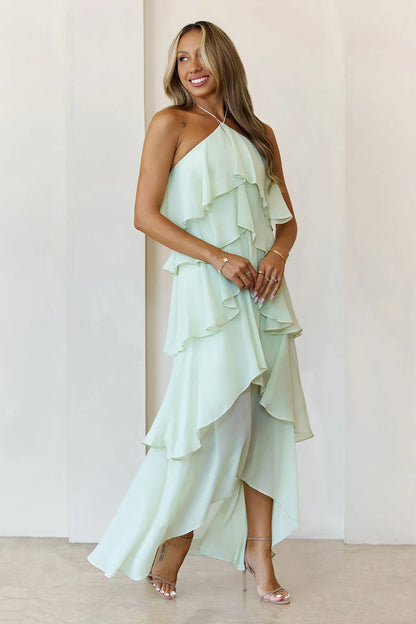 Elegant A-Line Halter Sleeveless Tiered Ruffle Mint Green High-Low Prom Dress