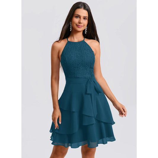 Elegant A-Line Halter Sleeveless Tiered Ruffle Teal Short Homecoming Dresses Women's