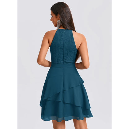 Elegant A-Line Halter Sleeveless Tiered Ruffle Teal Short Homecoming Dresses Women's