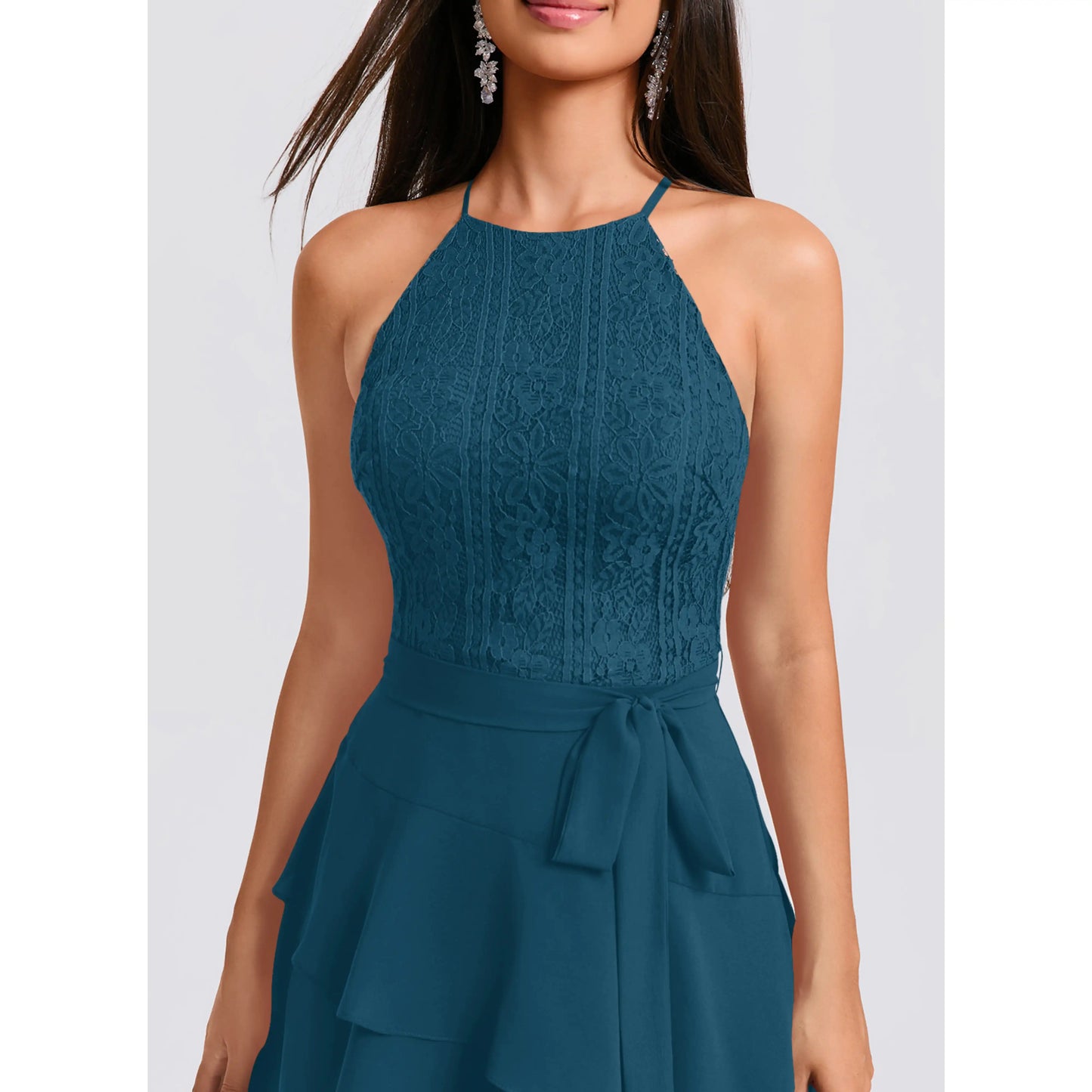 Elegant A-Line Halter Sleeveless Tiered Ruffle Teal Short Homecoming Dresses Women's