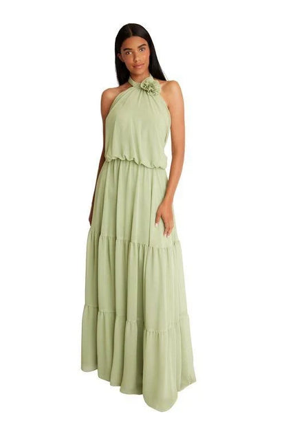 Elegant A-Line Halter Sleeveless Tiered Sage Green Maxi Bridesmaid Dress Gown