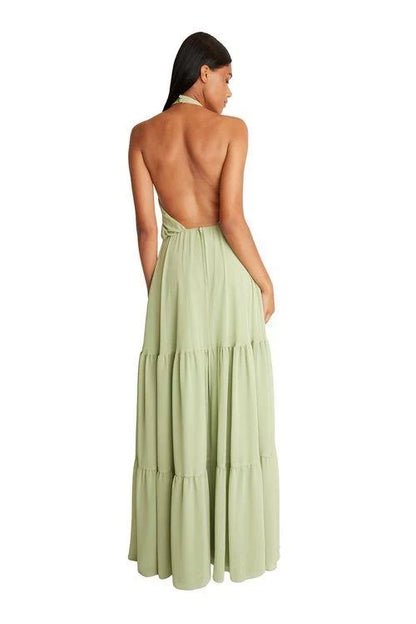 Elegant A-Line Halter Sleeveless Tiered Sage Green Maxi Bridesmaid Dress Gown
