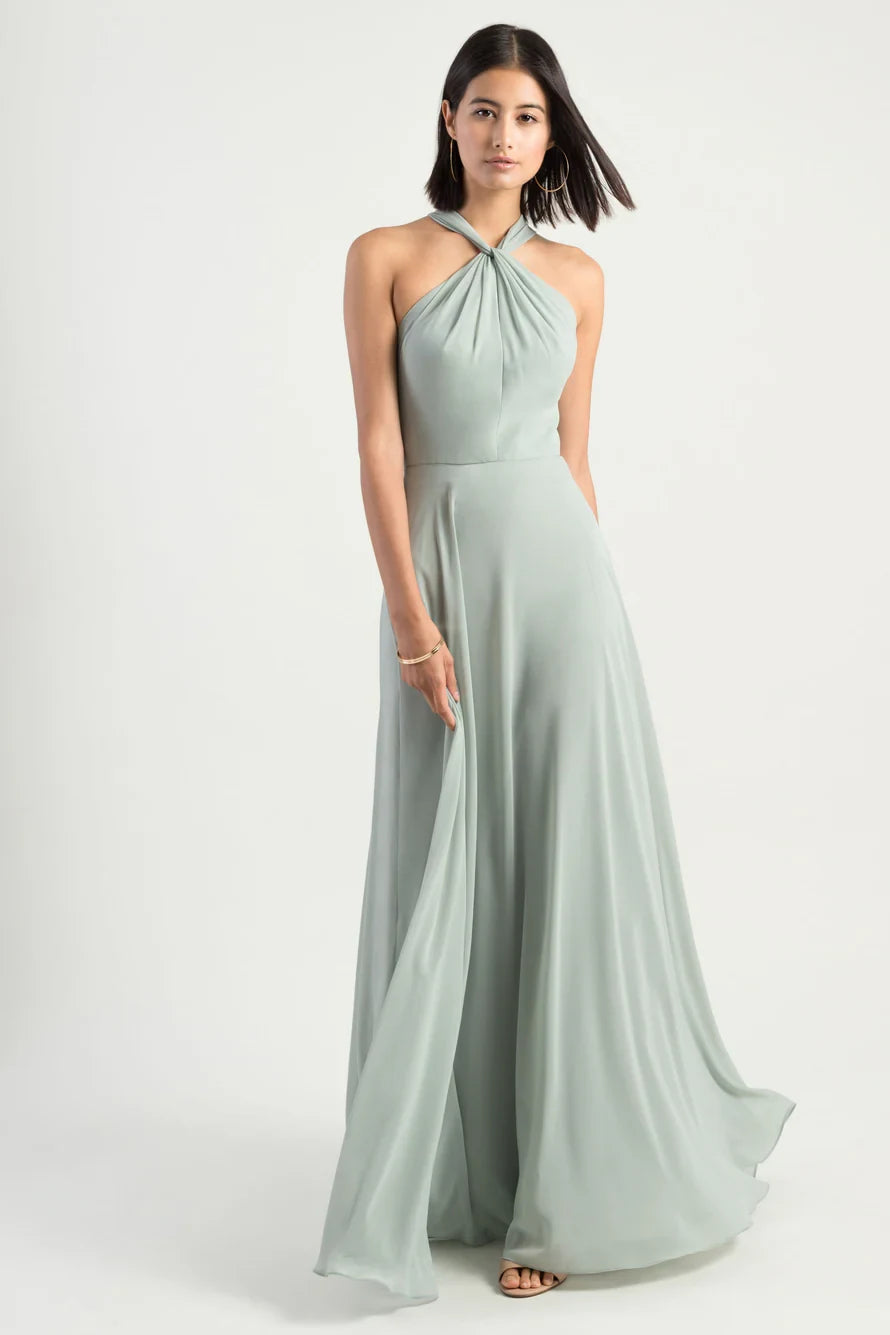 Elegant A-Line Halter Sleeveless Twisted Back Sage Green Floor-Length Bridesmaid Gown