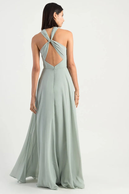 Elegant A-Line Halter Sleeveless Twisted Back Sage Green Floor-Length Bridesmaid Gown