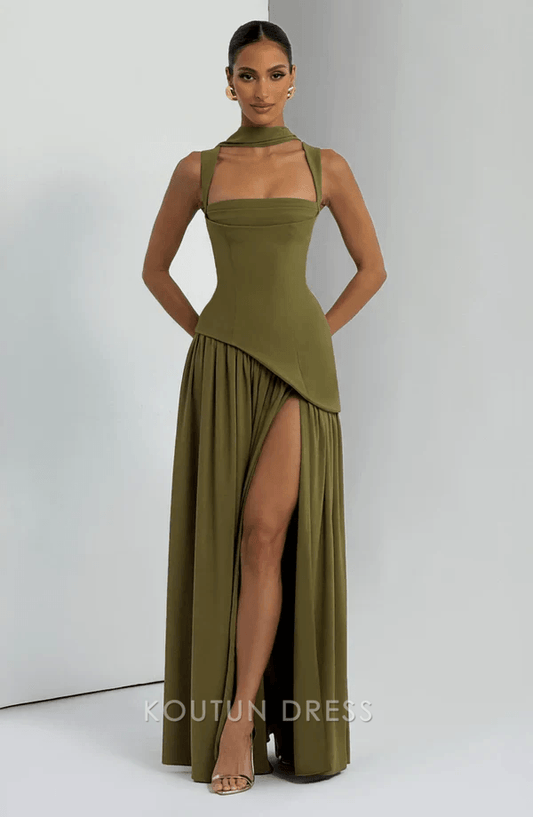 Elegant A-Line Halter Strapless High Slit Olive Maxi Prom Dress Women's Gown