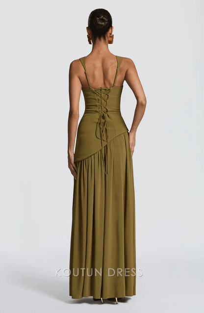 Elegant A-Line Halter Strapless High Slit Olive Maxi Prom Dress Women's Gown