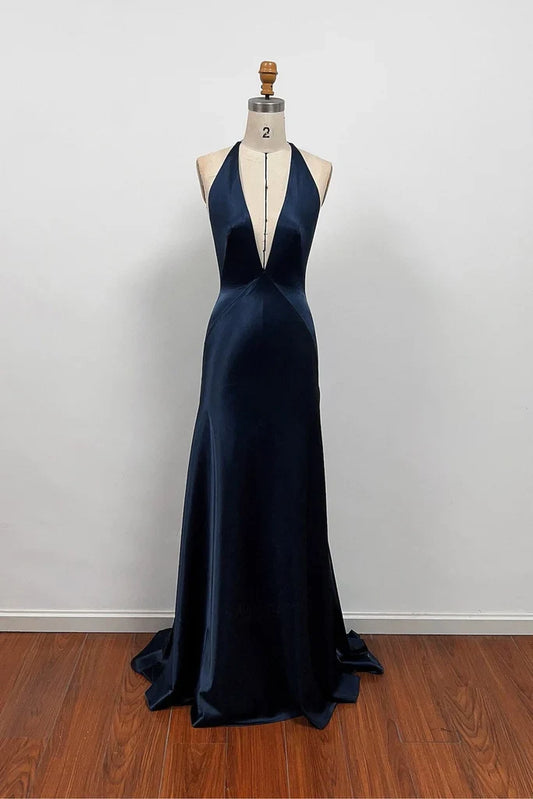 Elegant A-Line Halter V-Neck Sleeveless Backless Navy Blue Floor-Length Prom Gown
