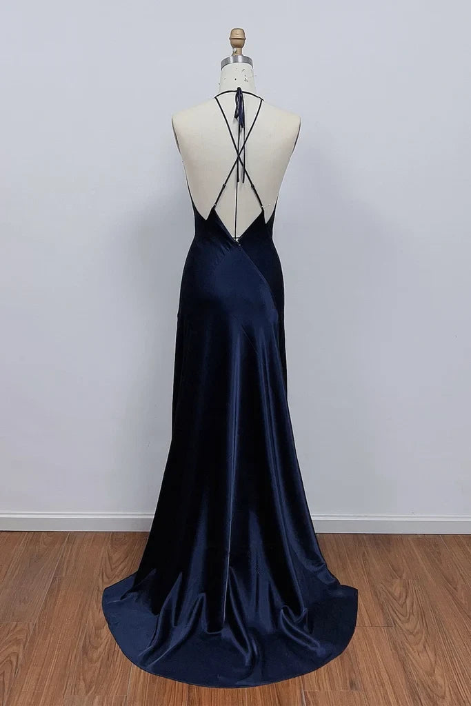 Elegant A-Line Halter V-Neck Sleeveless Backless Navy Blue Floor-Length Prom Gown