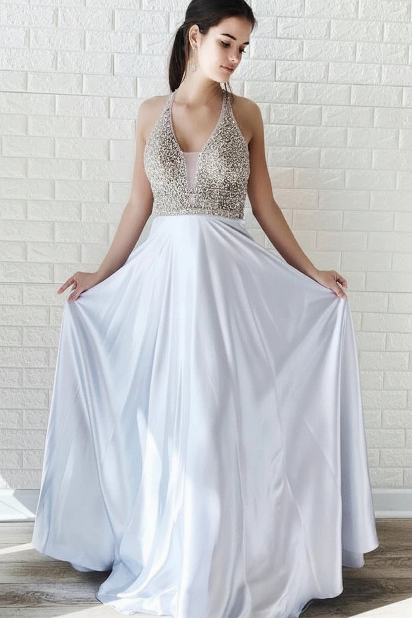Elegant A-Line Halter V-Neck Sleeveless Beaded Backless Silver Floor-Length Prom Gown