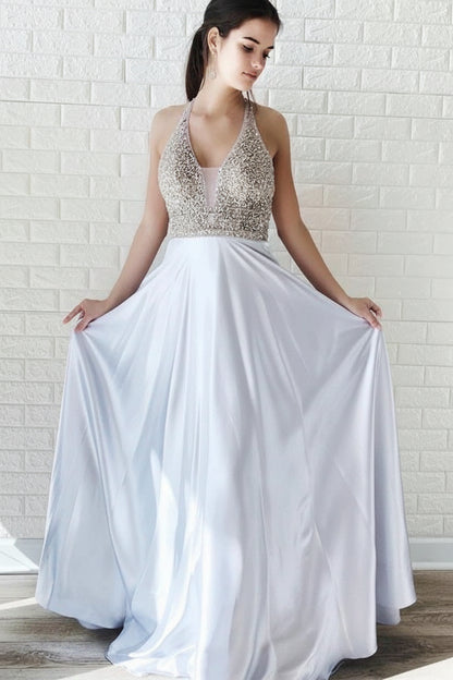 Elegant A-Line Halter V-Neck Sleeveless Beaded Backless Silver Floor-Length Prom Gown