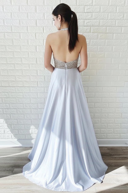 Elegant A-Line Halter V-Neck Sleeveless Beaded Backless Silver Floor-Length Prom Gown