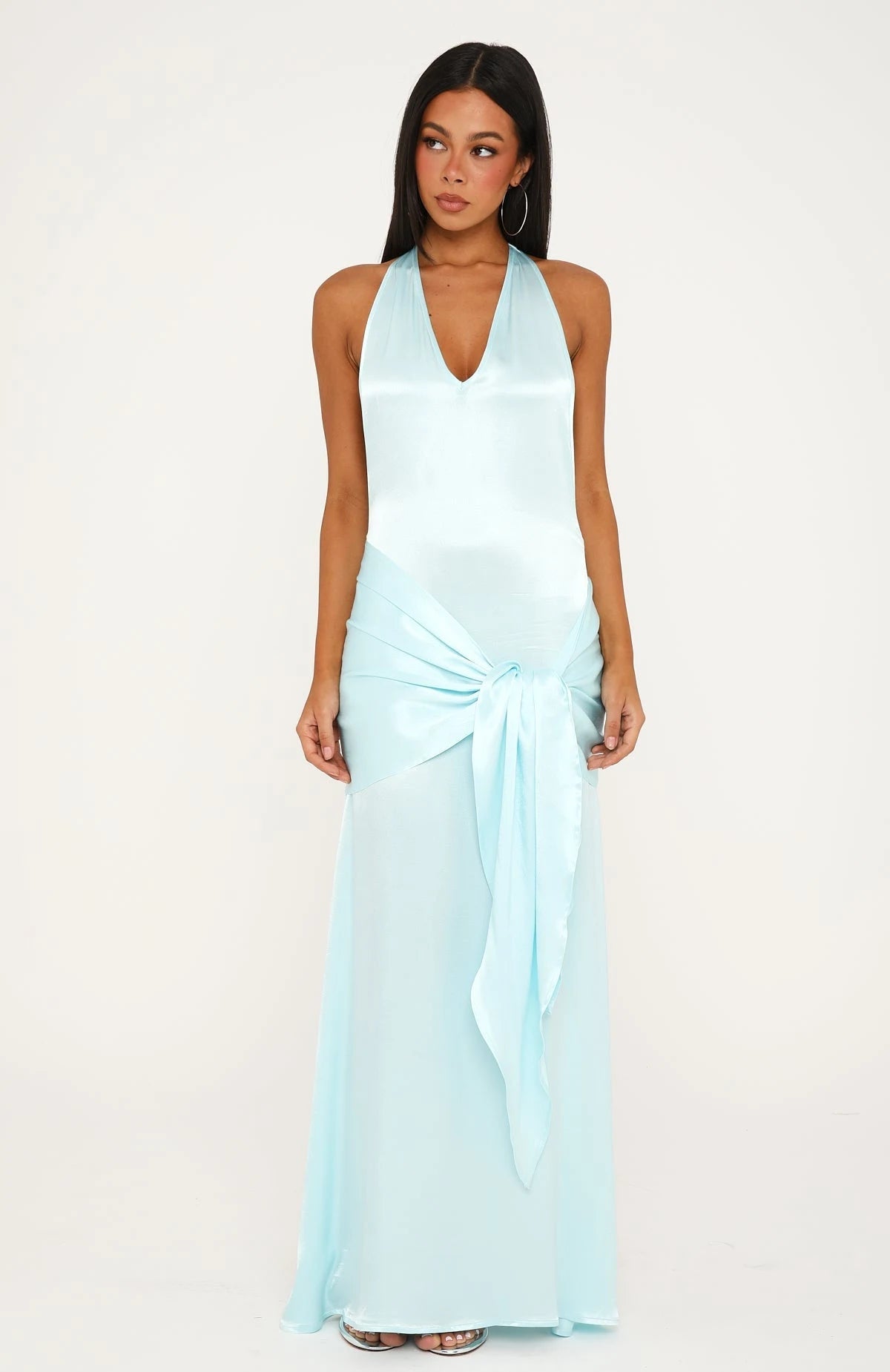 Elegant A-Line Halter V-Neck Sleeveless Draped Light Blue Floor-Length Prom Dress