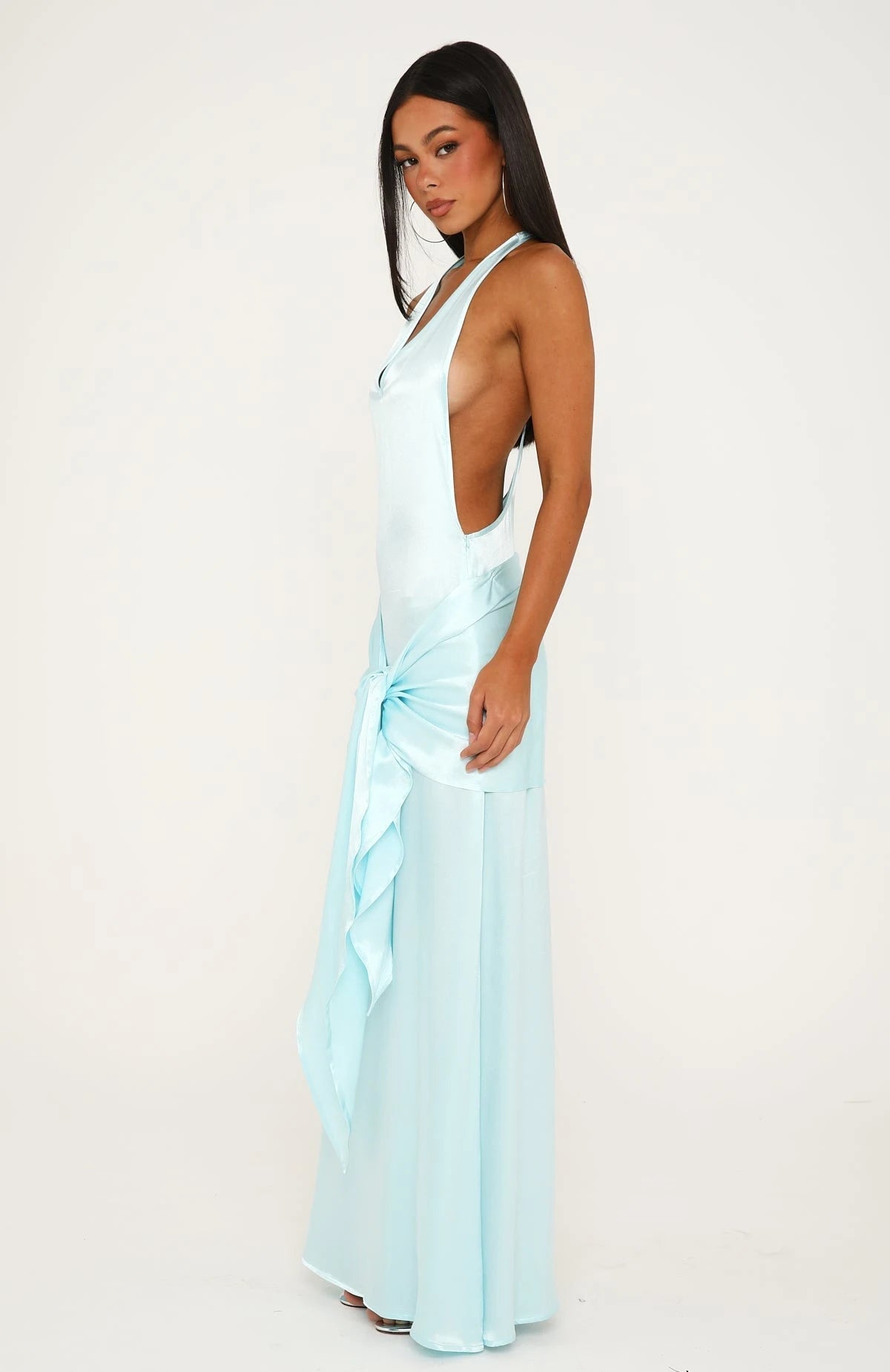 Elegant A-Line Halter V-Neck Sleeveless Draped Light Blue Floor-Length Prom Dress