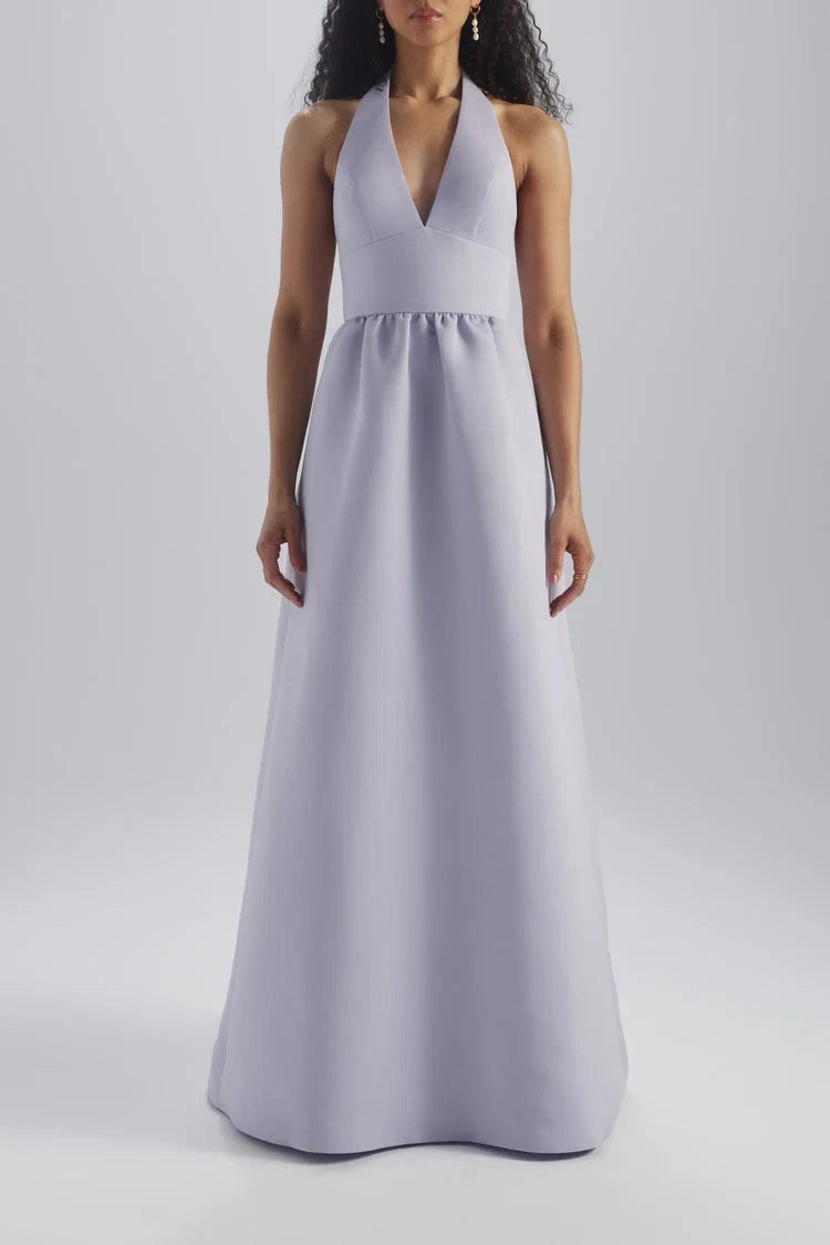Elegant A-Line Halter V-Neck Sleeveless Lavender Floor-Length Bridesmaid Gown
