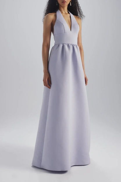 Elegant A-Line Halter V-Neck Sleeveless Lavender Floor-Length Bridesmaid Gown