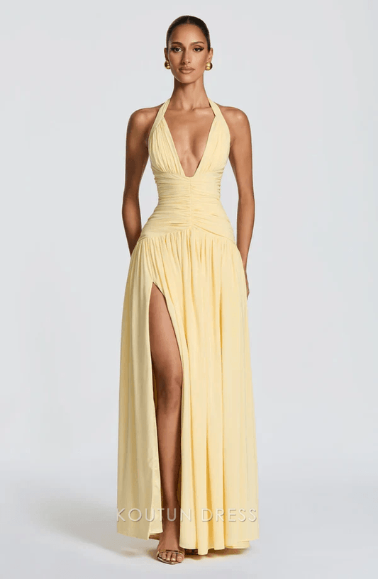 Elegant A-Line Halter V-Neck Sleeveless Ruched Slit Lemon Yellow Prom Dress