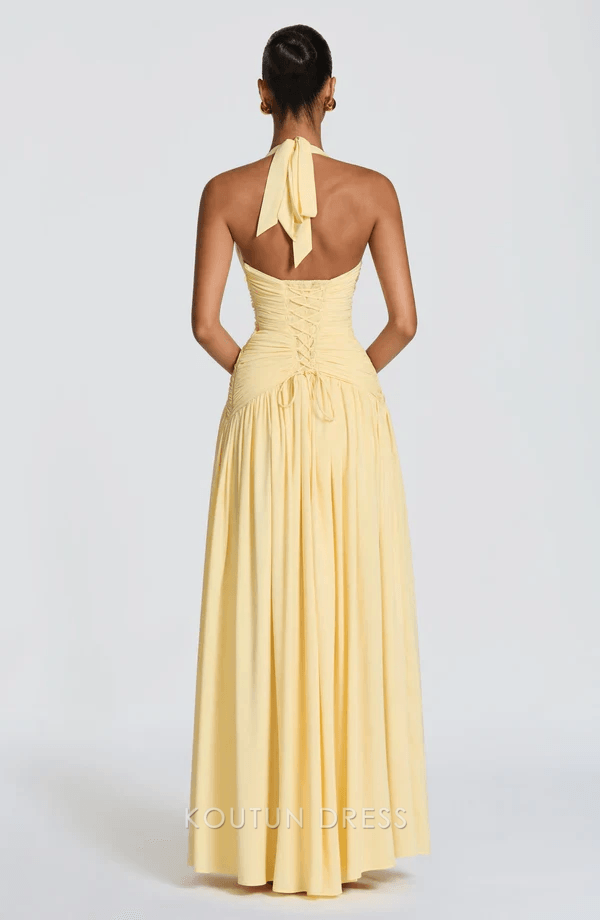Elegant A-Line Halter V-Neck Sleeveless Ruched Slit Lemon Yellow Prom Dress