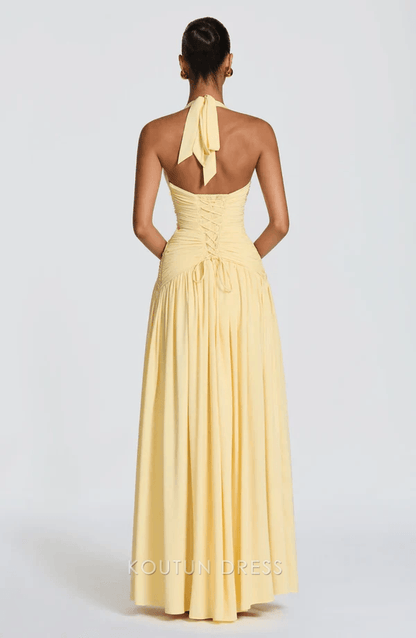 Elegant A-Line Halter V-Neck Sleeveless Ruched Slit Lemon Yellow Prom Dress