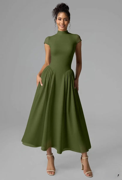 Elegant A-Line High-Neck Cap-Sleeve Pleated Flowy Olive Maxi Bridesmaid Dress Gown
