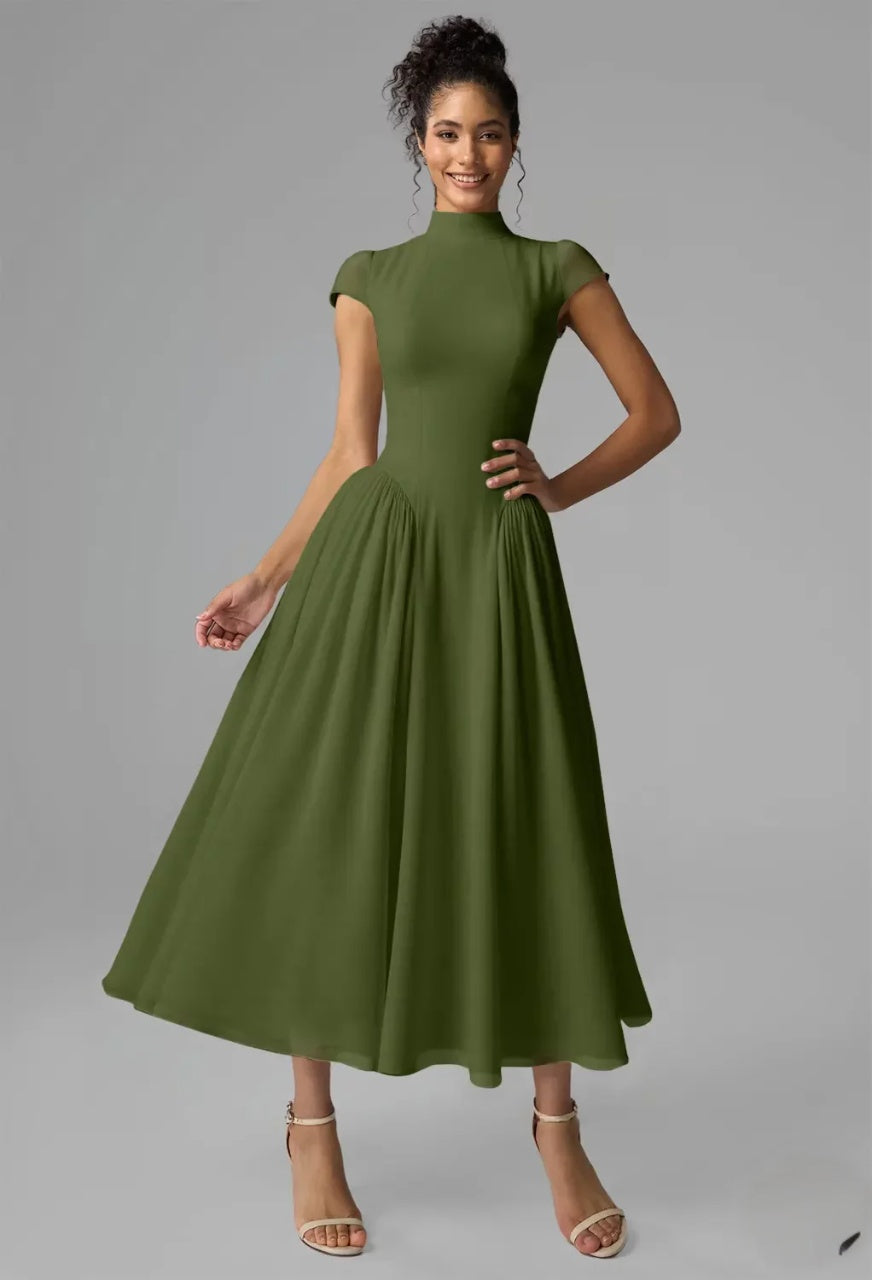 Elegant A-Line High-Neck Cap-Sleeve Pleated Flowy Olive Maxi Bridesmaid Dress Gown
