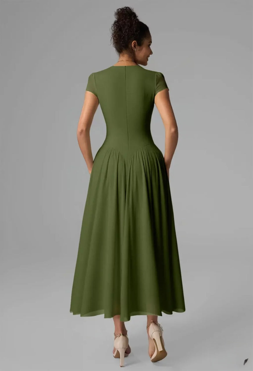 Elegant A-Line High-Neck Cap-Sleeve Pleated Flowy Olive Maxi Bridesmaid Dress Gown
