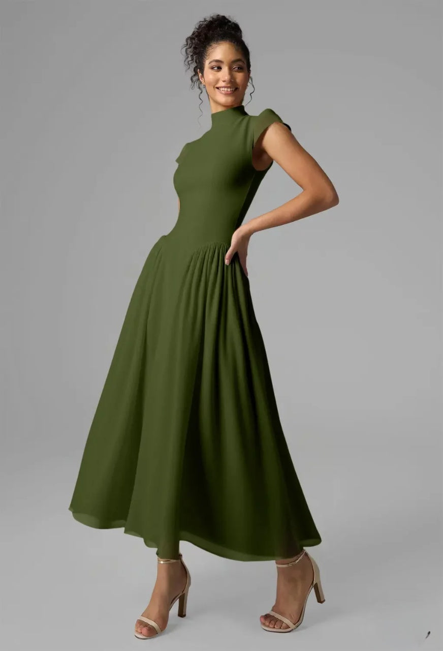 Elegant A-Line High-Neck Cap-Sleeve Pleated Flowy Olive Maxi Bridesmaid Dress Gown