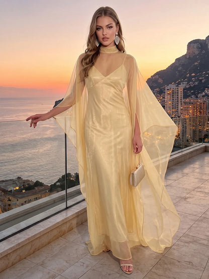 Elegant A-Line High-Neck Cape-Sleeve Flowy Yellow Maxi Prom Dresses Women Gown