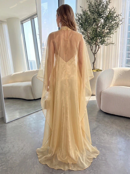 Elegant A-Line High-Neck Cape-Sleeve Flowy Yellow Maxi Prom Dresses Women Gown