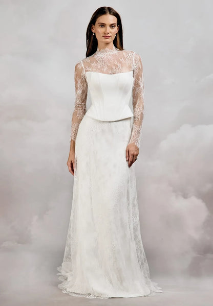 Elegant A-Line High-Neck Long-Sleeve Romantic Ivory Floor-Length Wedding Dresses for Brides