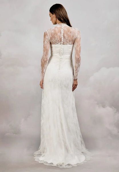 Elegant A-Line High-Neck Long-Sleeve Romantic Ivory Floor-Length Wedding Dresses for Brides