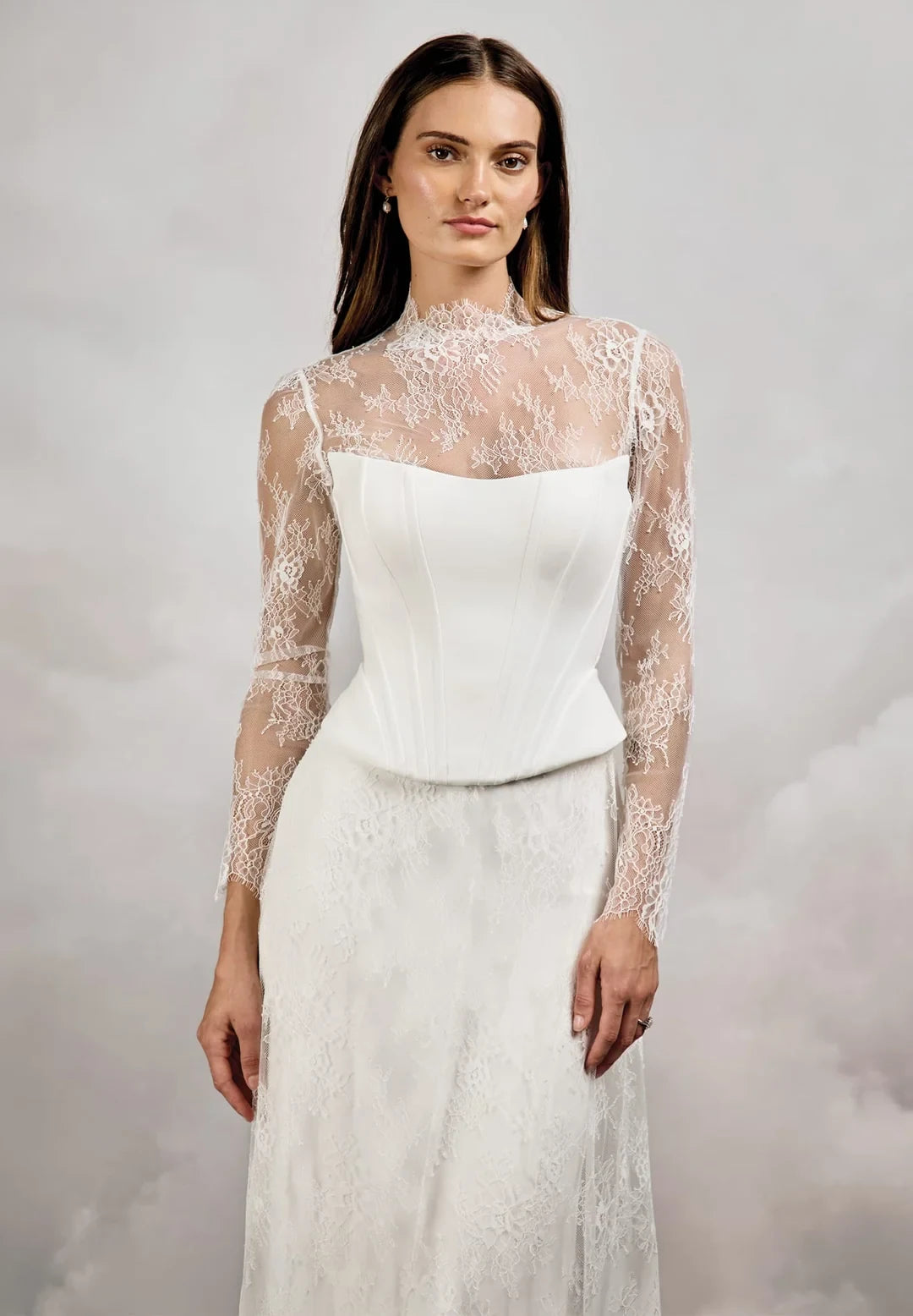 Elegant A-Line High-Neck Long-Sleeve Romantic Ivory Floor-Length Wedding Dresses for Brides