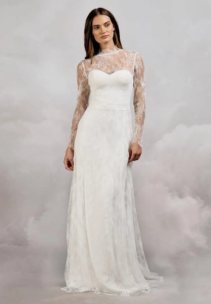 Elegant A-Line High-Neck Long-Sleeve Romantic Ivory Floor-Length Wedding Dresses for Brides