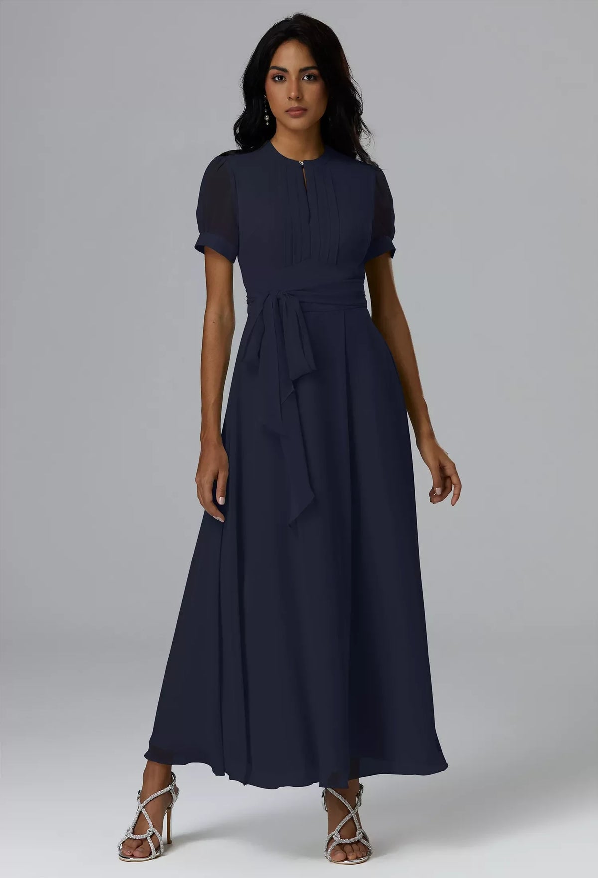 Elegant A-Line High-Neck Short-Sleeve Pleated Belted Navy Maxi Bridesmaid Dress Women