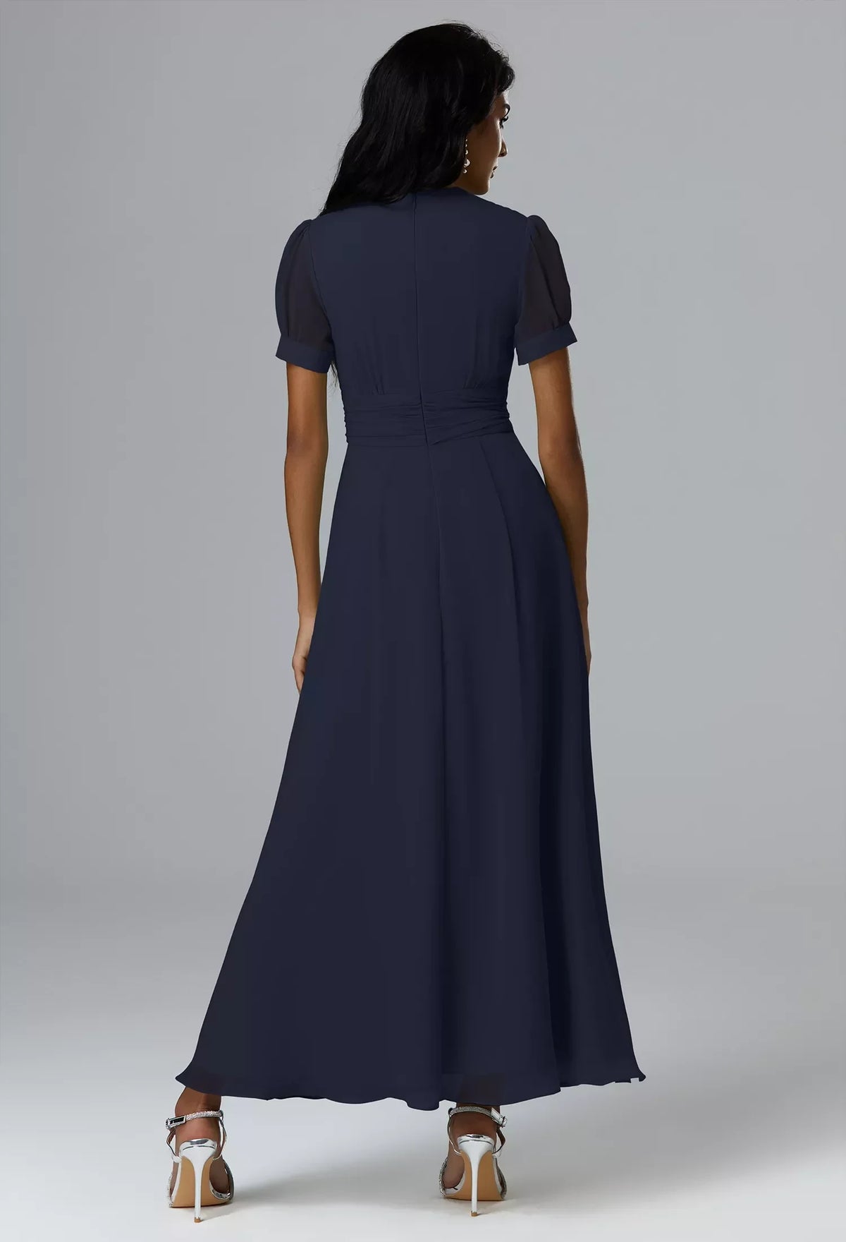 Elegant A-Line High-Neck Short-Sleeve Pleated Belted Navy Maxi Bridesmaid Dress Women