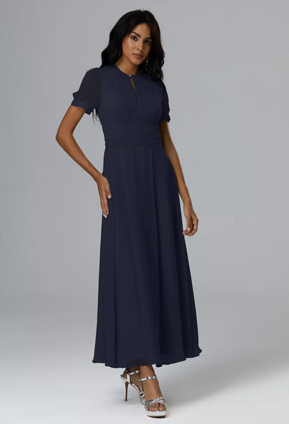 Elegant A-Line High-Neck Short-Sleeve Pleated Belted Navy Maxi Bridesmaid Dress Women