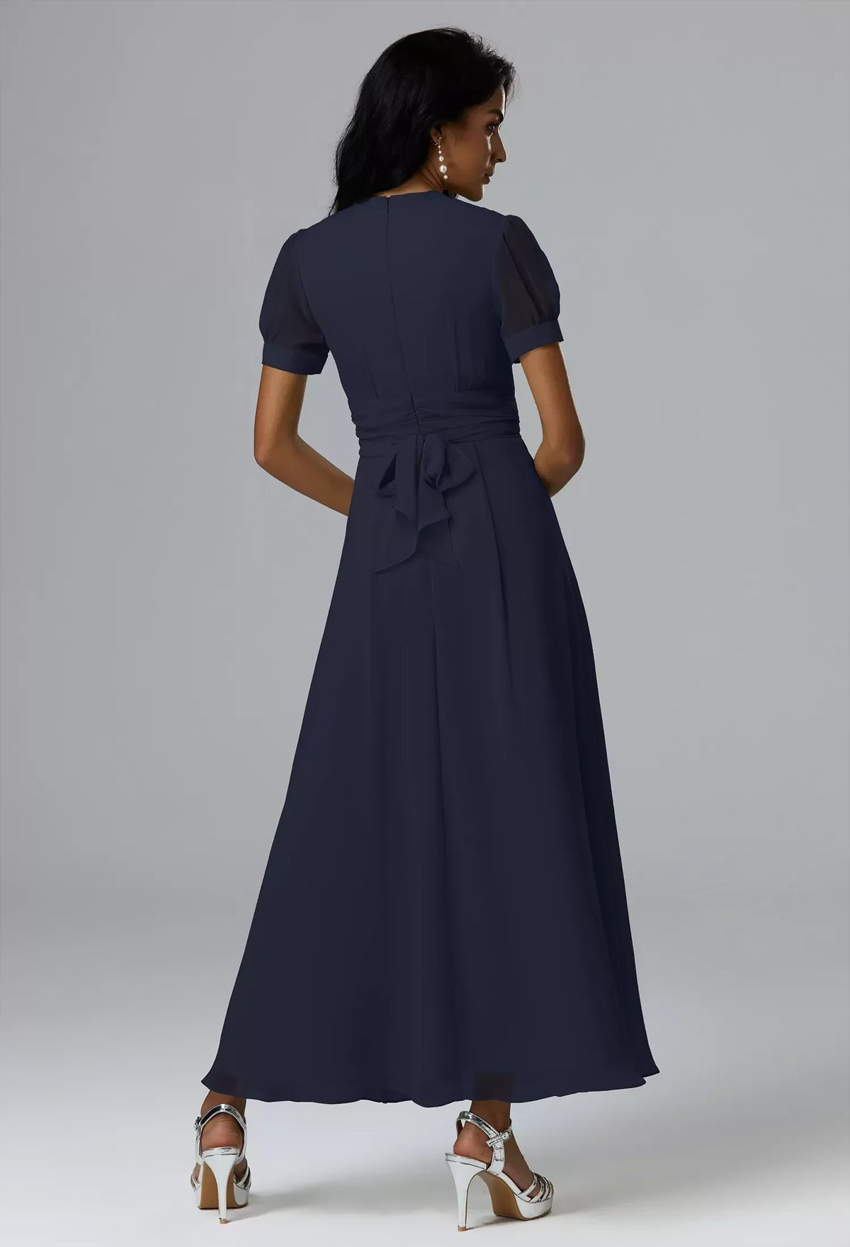 Elegant A-Line High-Neck Short-Sleeve Pleated Belted Navy Maxi Bridesmaid Dress Women