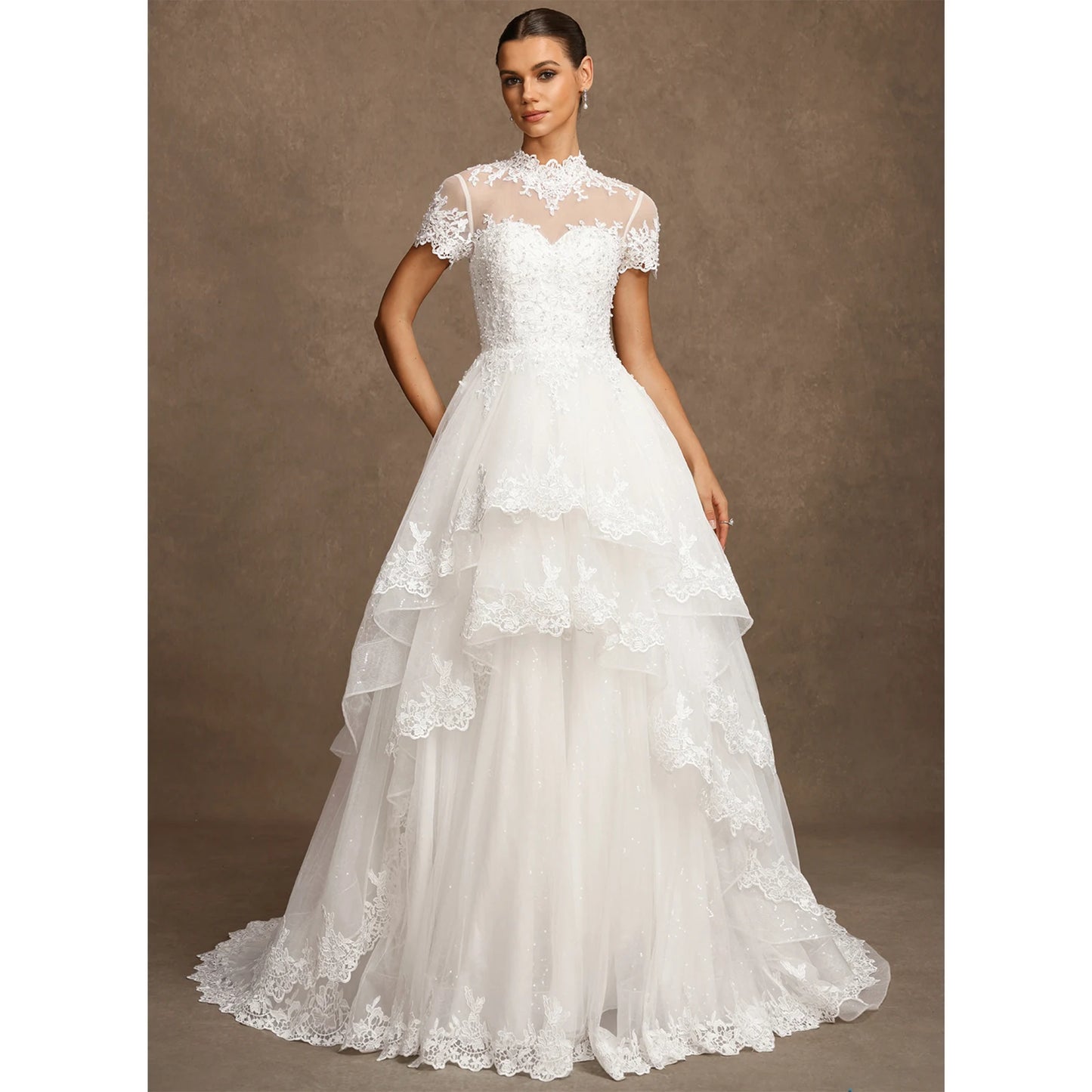 Elegant A-Line High-Neck Short-Sleeve Tiered White Floor-Length Bridal Gown