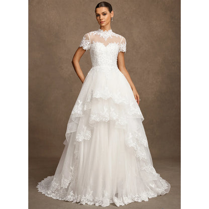 Elegant A-Line High-Neck Short-Sleeve Tiered White Floor-Length Bridal Gown
