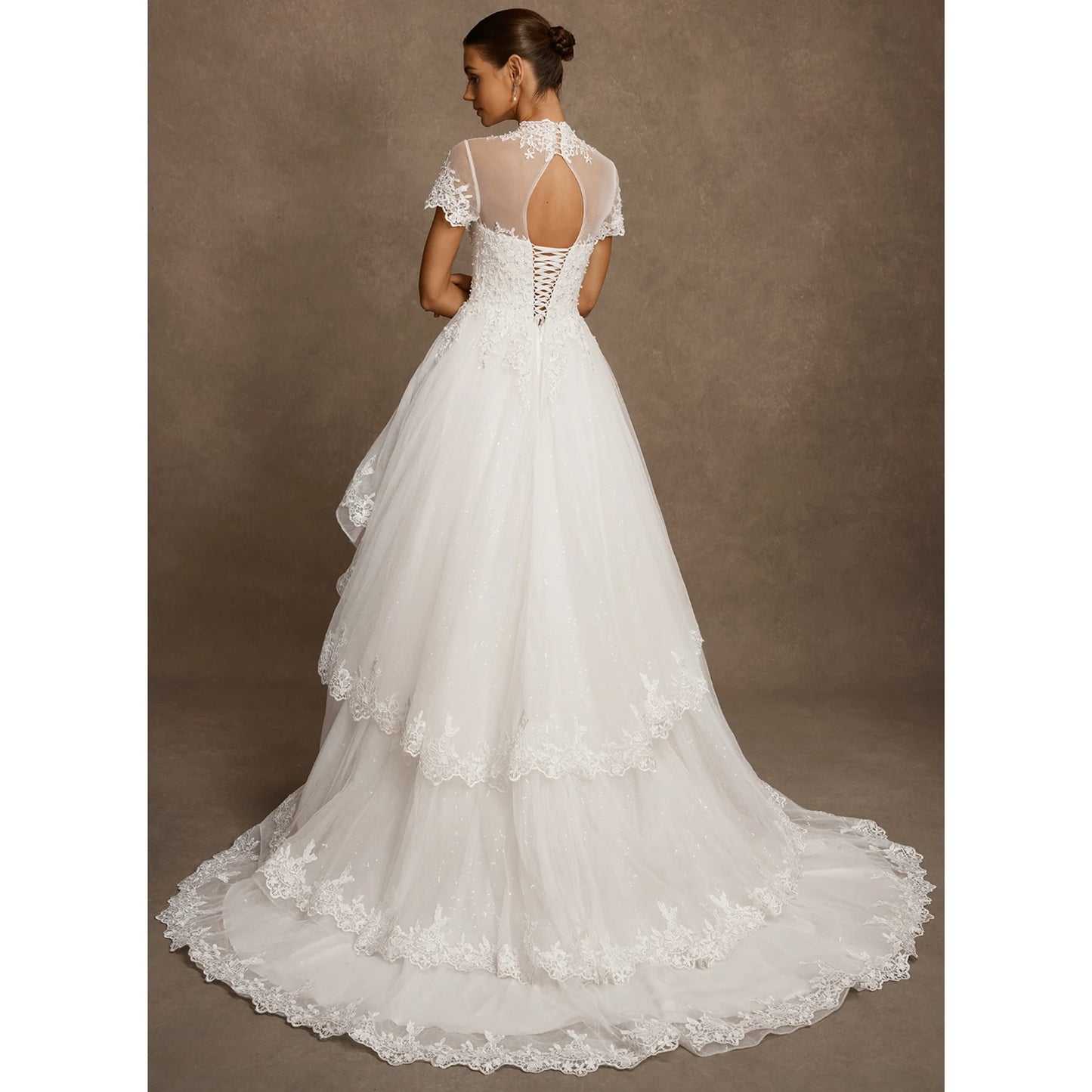 Elegant A-Line High-Neck Short-Sleeve Tiered White Floor-Length Bridal Gown