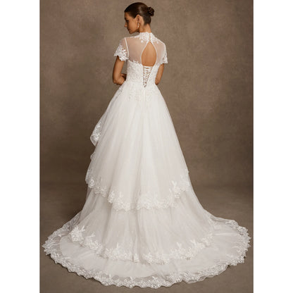 Elegant A-Line High-Neck Short-Sleeve Tiered White Floor-Length Bridal Gown