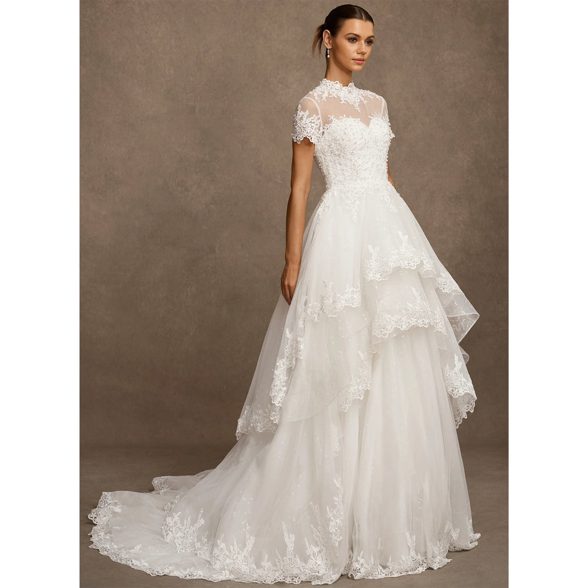 Elegant A-Line High-Neck Short-Sleeve Tiered White Floor-Length Bridal Gown