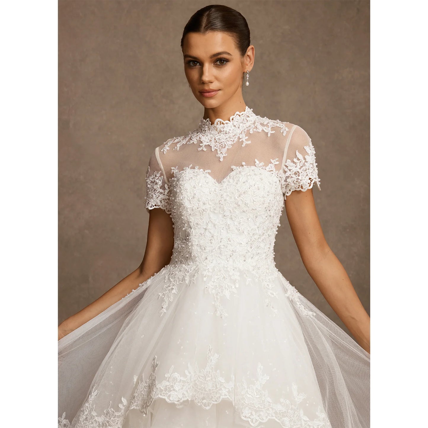 Elegant A-Line High-Neck Short-Sleeve Tiered White Floor-Length Bridal Gown