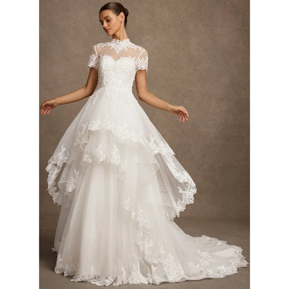 Elegant A-Line High-Neck Short-Sleeve Tiered White Floor-Length Bridal Gown