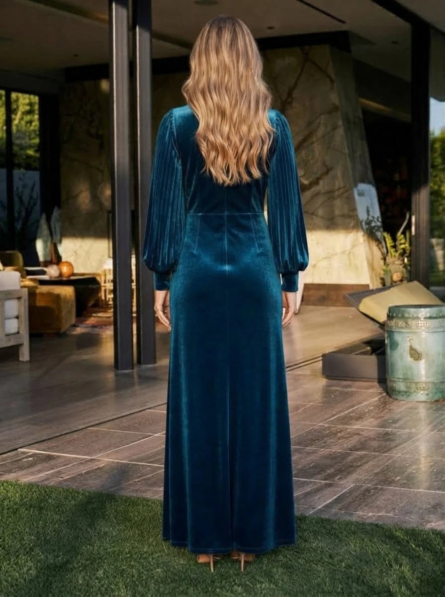 Elegant A-Line High-Neck Sleeved High-Slit Draped Teal Long Prom Dresses Women
