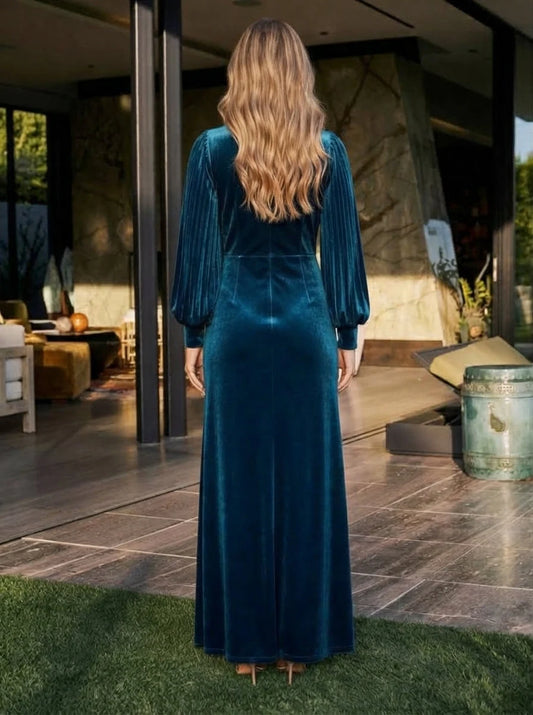 Elegant A-Line High-Neck Sleeved High-Slit Draped Teal Long Prom Dresses Women