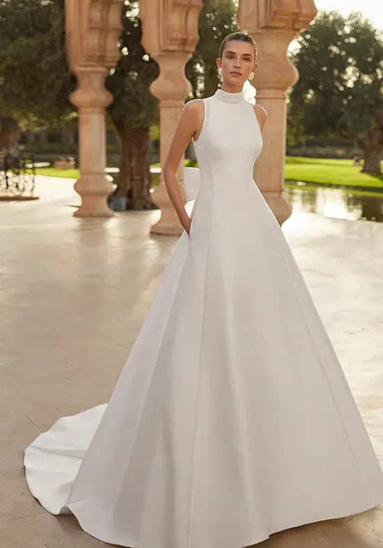 Elegant A-Line High-Neck Sleeveless Bow-Back White Floor-Length Wedding Gown