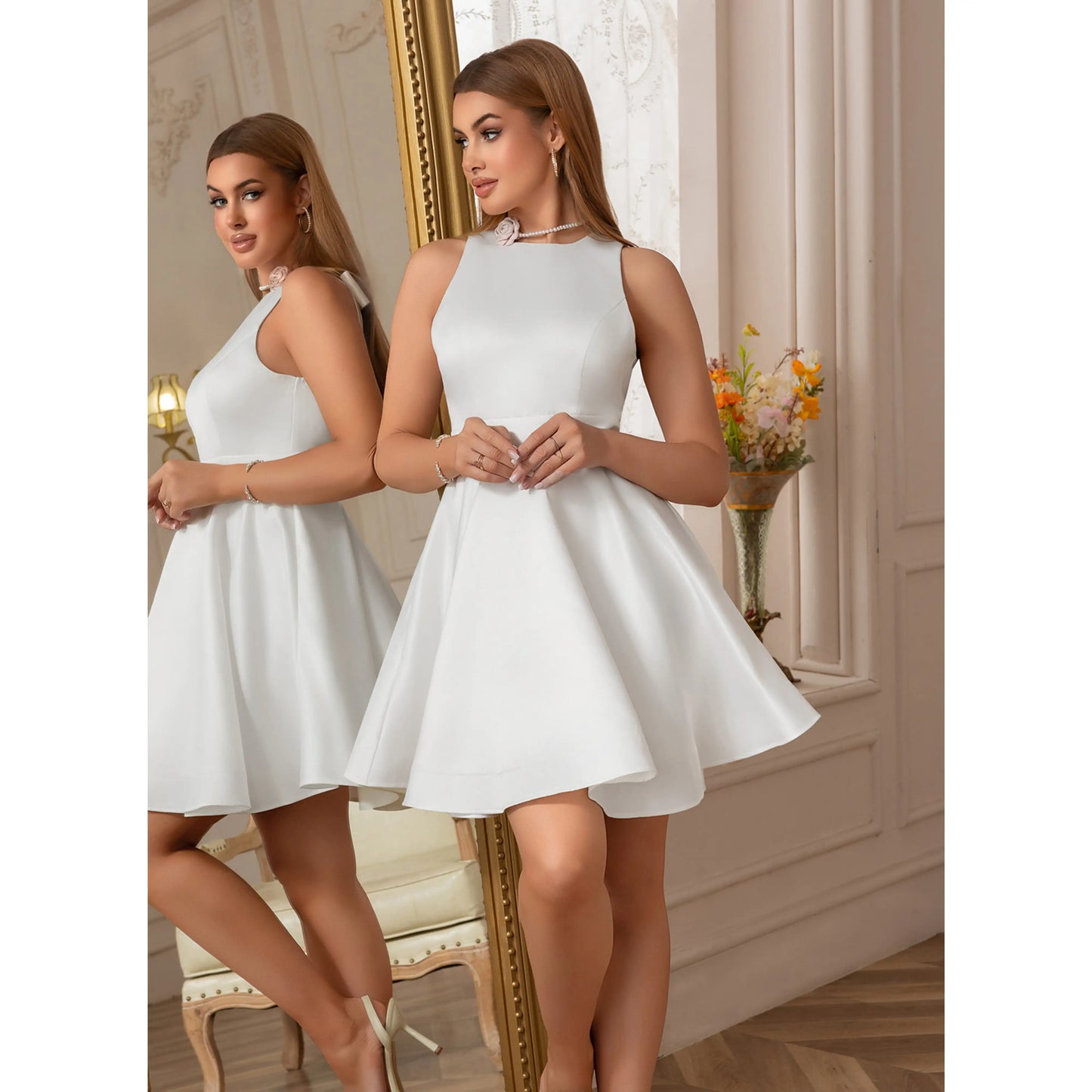 Elegant A-Line High-Neck Sleeveless Bow-Back White Short Homecoming Dress