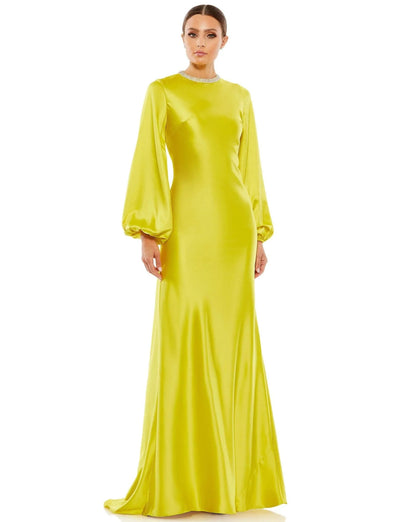 Elegant A-Line High Neck Long Sleeve Embellished Lime Yellow Mother Of The Bride Dress