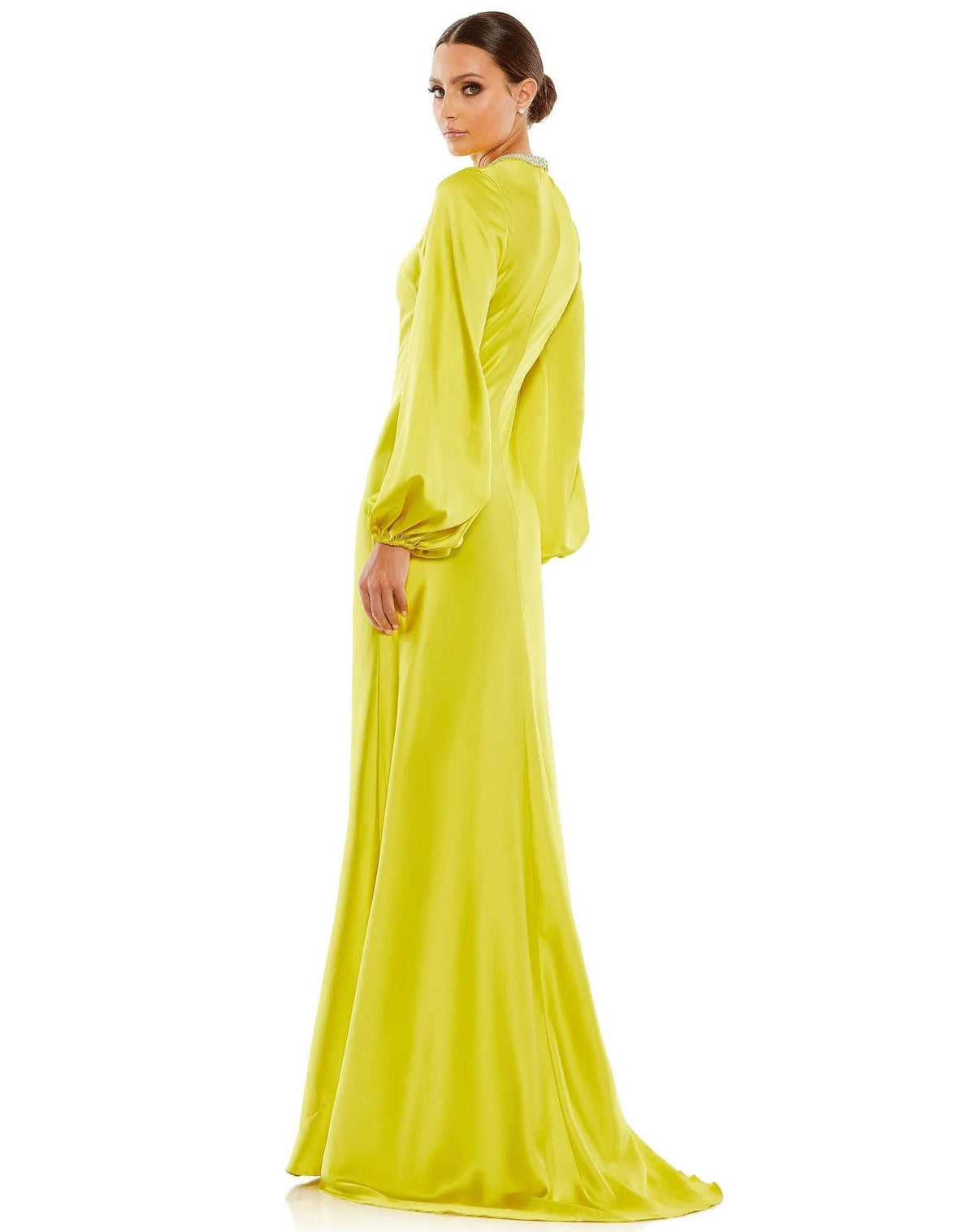 Elegant A-Line High Neck Long Sleeve Embellished Lime Yellow Mother Of The Bride Dress