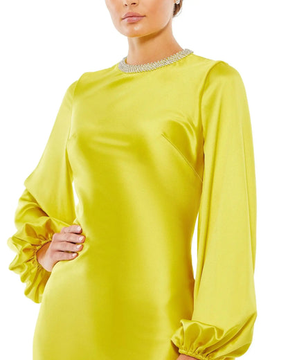 Elegant A-Line High Neck Long Sleeve Embellished Lime Yellow Mother Of The Bride Dress